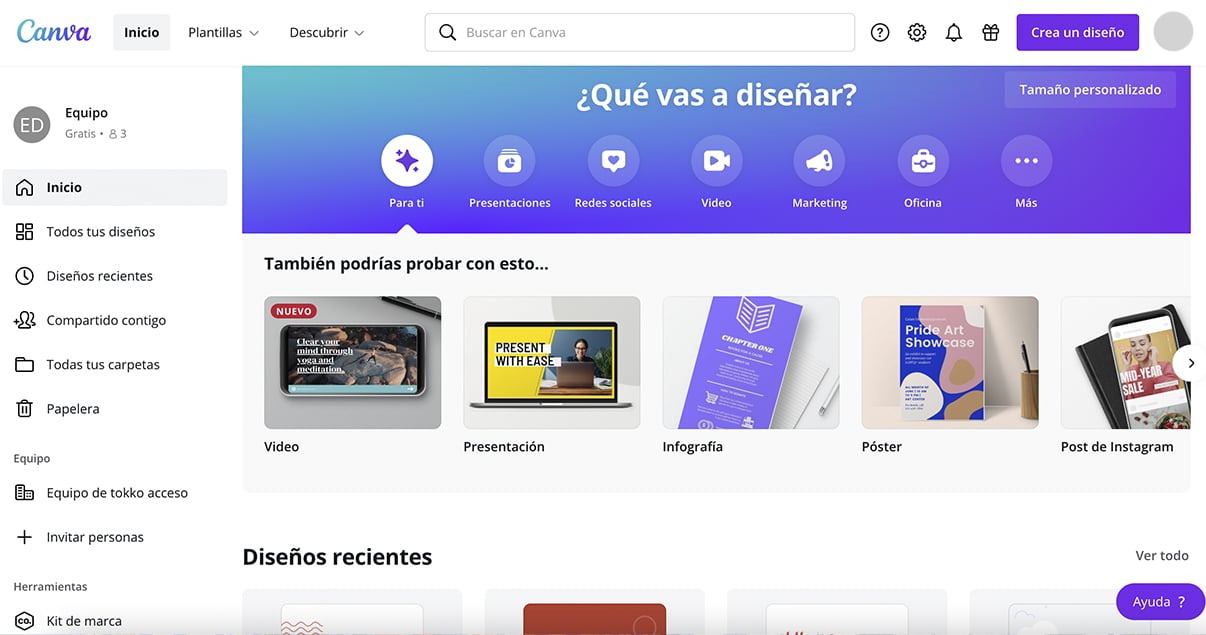 Pantalla de inicio de Canva